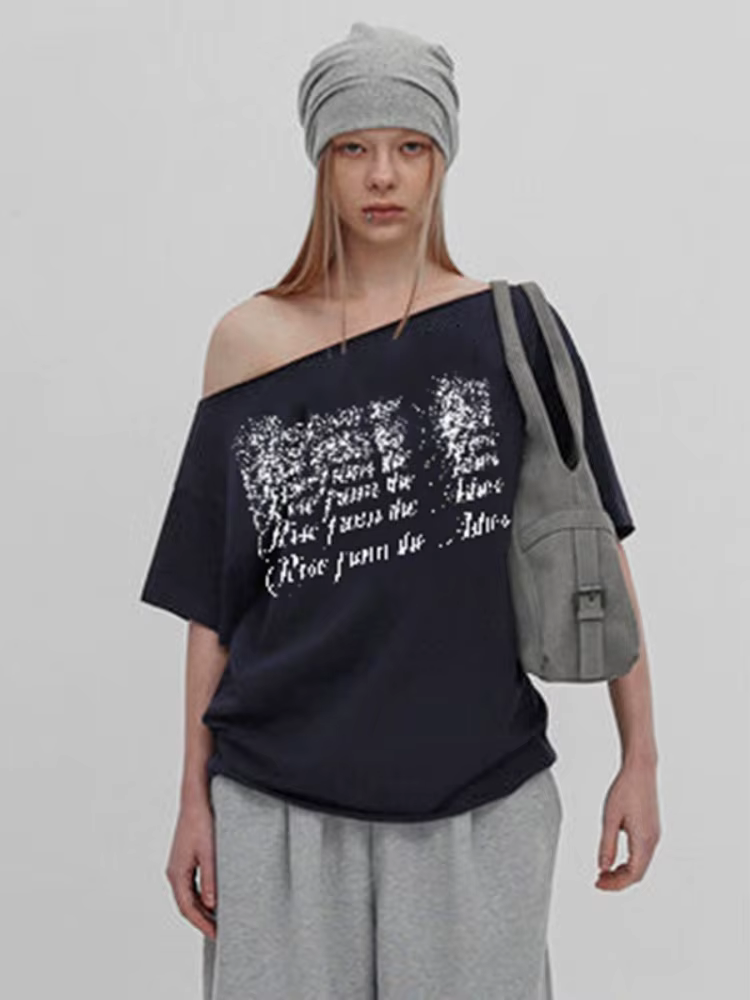 Col incliné surdimensionné t-shirts pour femmes Streetwear lettres imprimées Y2k haut Camisetas à manches courtes Grunge vêtements Ropa Mujer