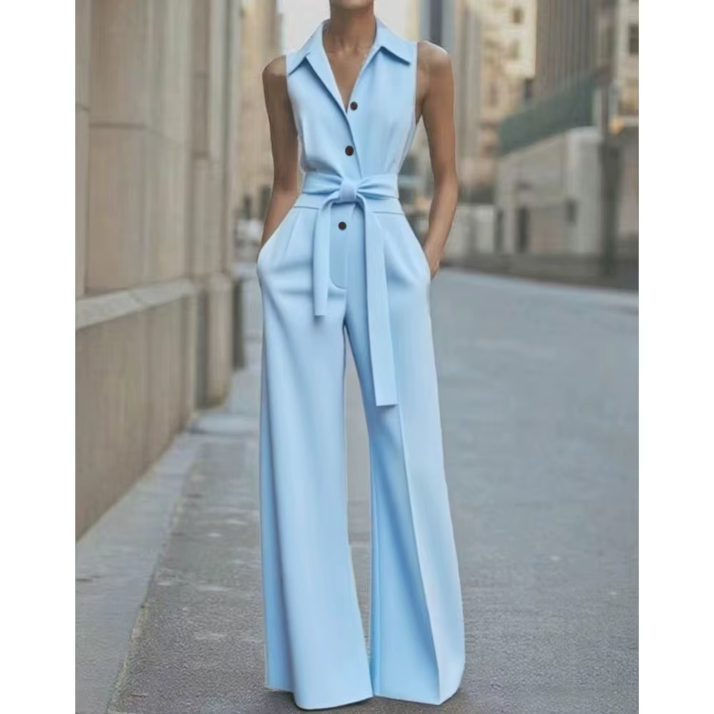 Combinaison à revers sans manches pour femmes, mode boutonnée, col de chemise, couleur unie, jambes larges, bureau de déplacement avec poche