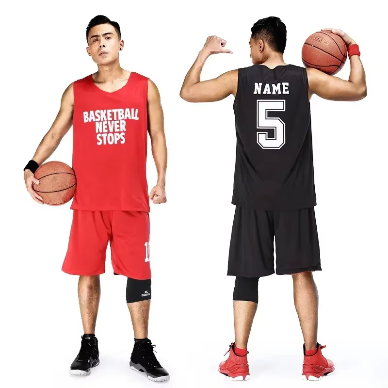Maillots de basket-ball réversibles pour hommes par sublimation avec logo imprimé en polyester
