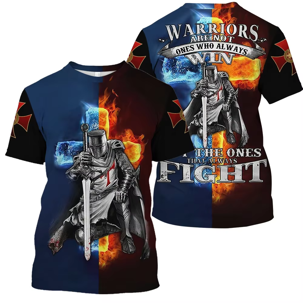 2025 T-shirt Vintage pour hommes 3D chevalier imprimé hauts rue Hip Hop col rond manches courtes