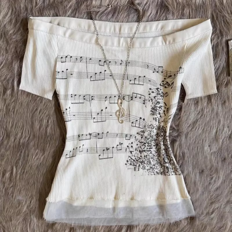 Coréen 2000s Punk Goth filles graphique hauts épaules nues Sexy dentelle coton t-shirts mignon motif de musique Y2K