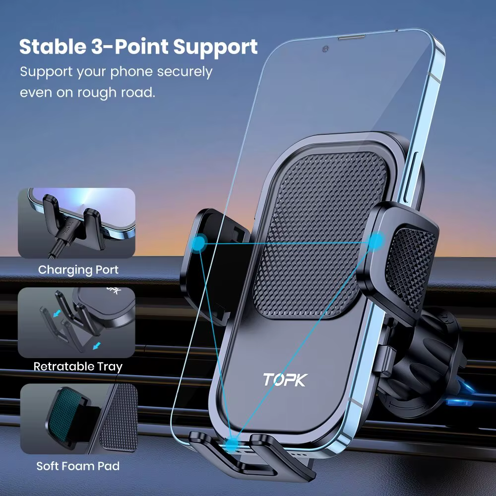 TOPK support de téléphone de voiture pour grille d'aération, [grands téléphones et étui épais amical] support de téléphone portable pour voiture mains libres pince berceau véhicule