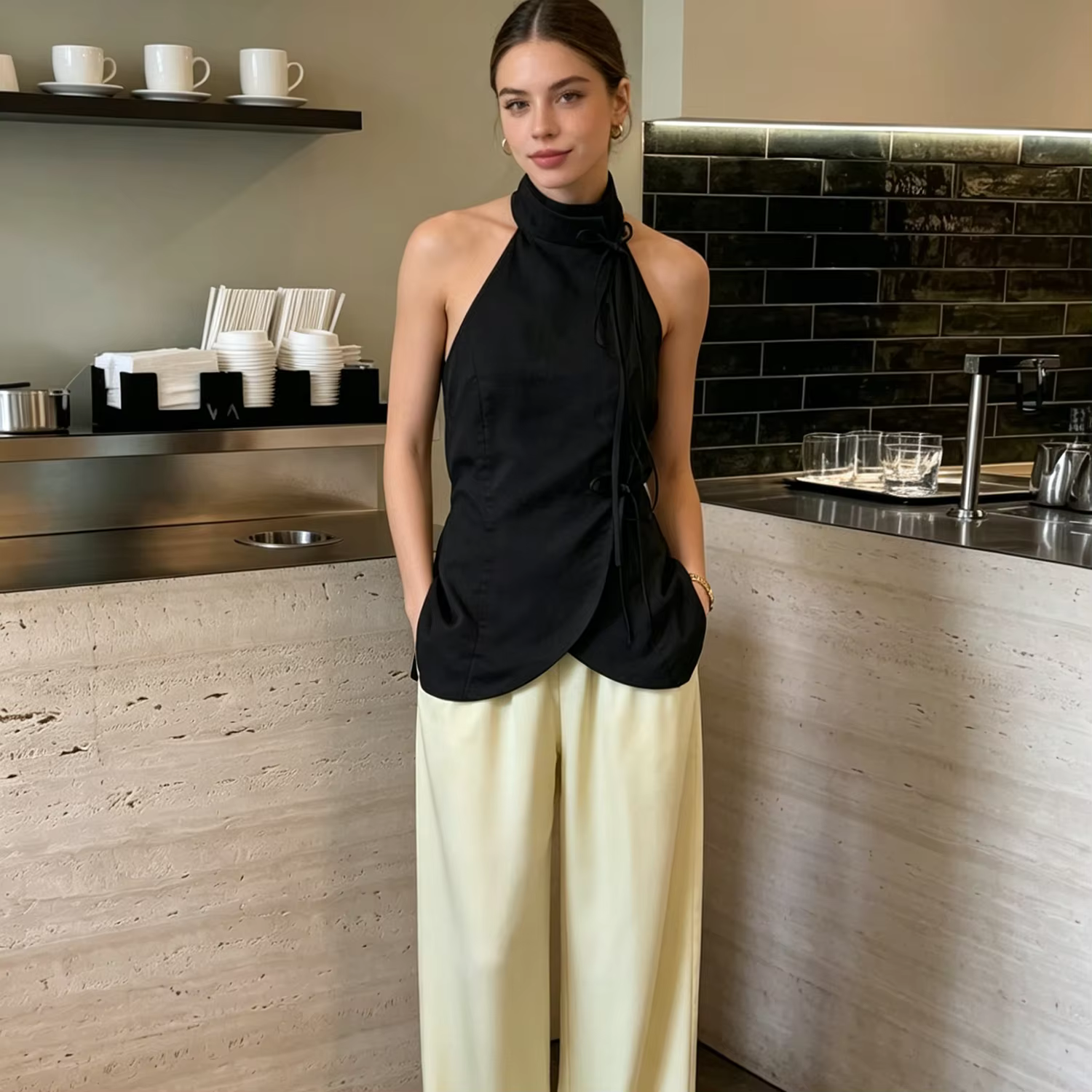 Haut débardeur halter PUAL, design à nouer sur le côté, chemisier décontracté sans manches à col montant, haut pour femme en tissu doux pour le quotidien