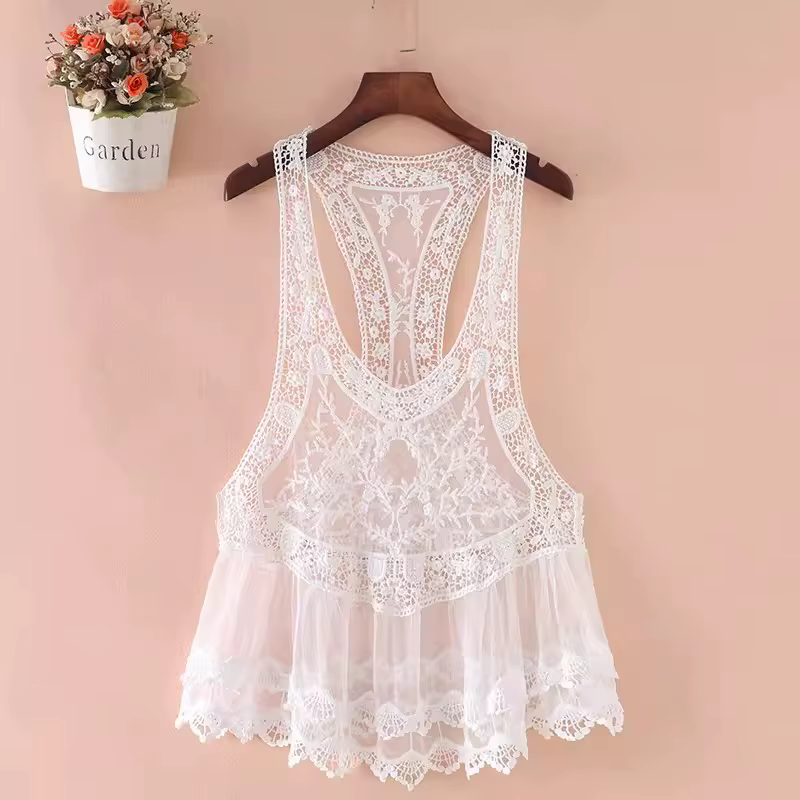 BOHO inspiré bohème Crochet dentelle dos nageur débardeur couvrir coton mélange été plage haut nouveau