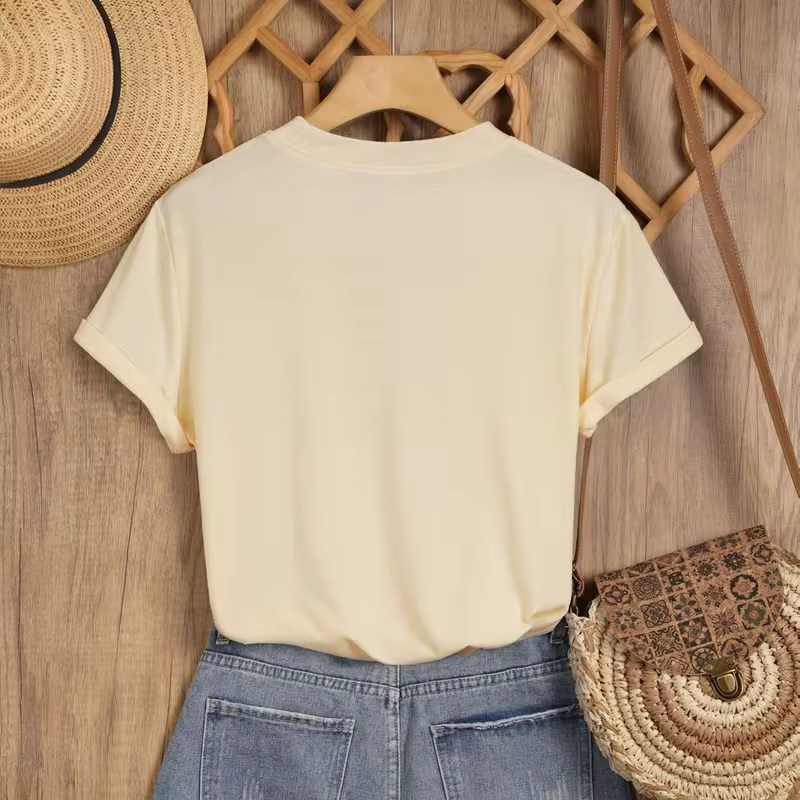T-shirt à col rond pour femme avec motif floral minimaliste et imprimé de roses beiges et brunes