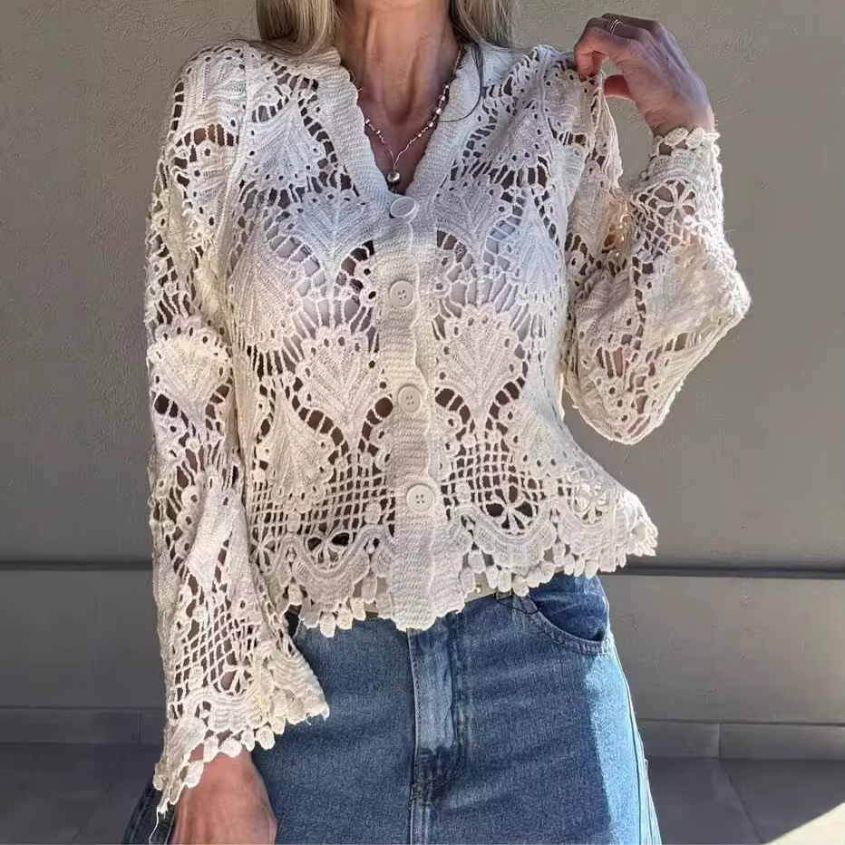 Nouveau T-shirt en crochet tricoté ajouré à col en V et simple boutonnage pour femme 2026