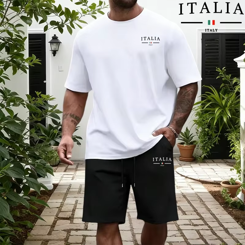 Ensemble Homme Mode Italienne : T-shirts en Coton Pur et Shorts Longueur Genou – Tenue Décontractée Sportive Quotidienne d'Été