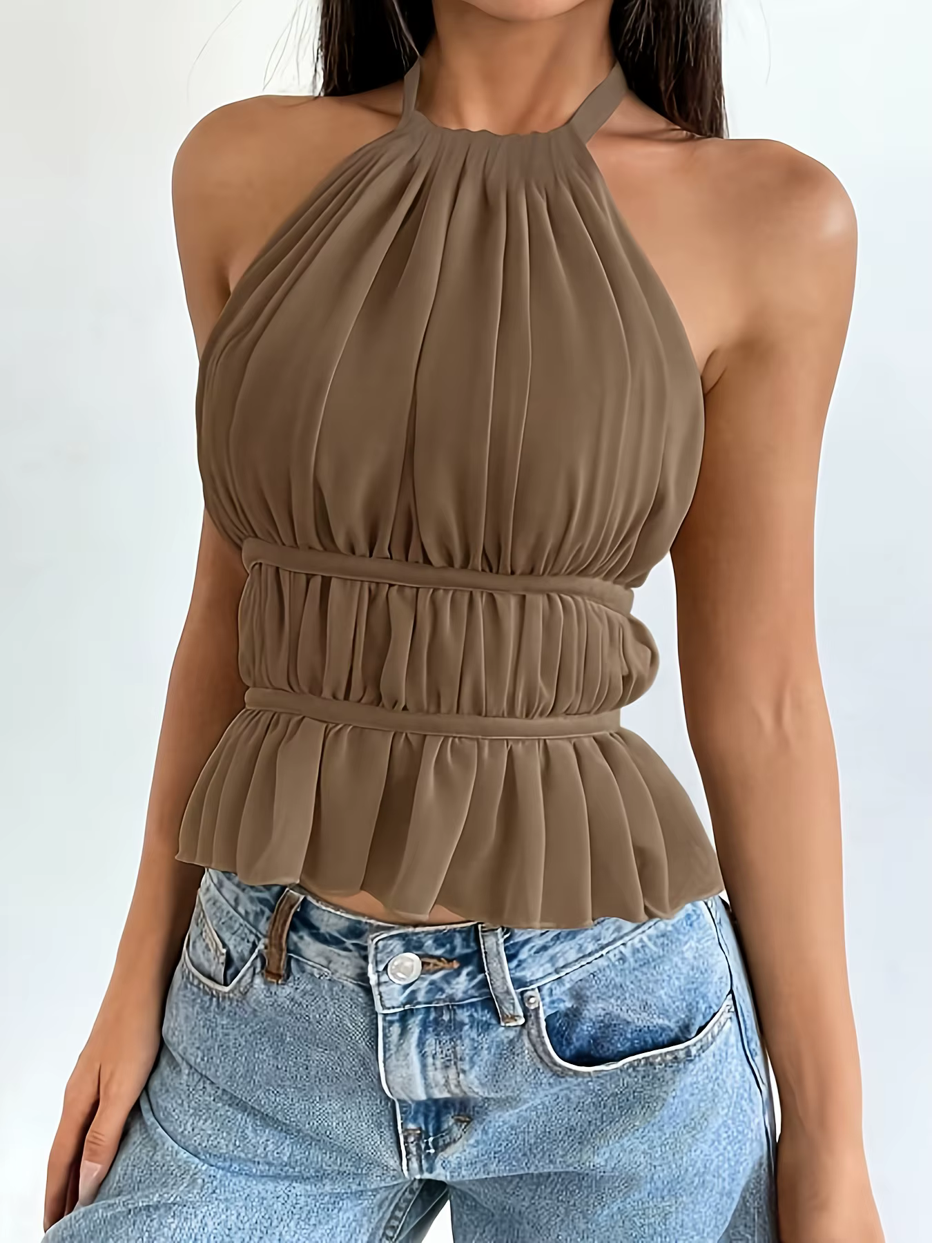 Débardeur Halter en Chiffon Marron pour Femme - Camisole Courte à Volants Froncés et Dos Nu à Nouer