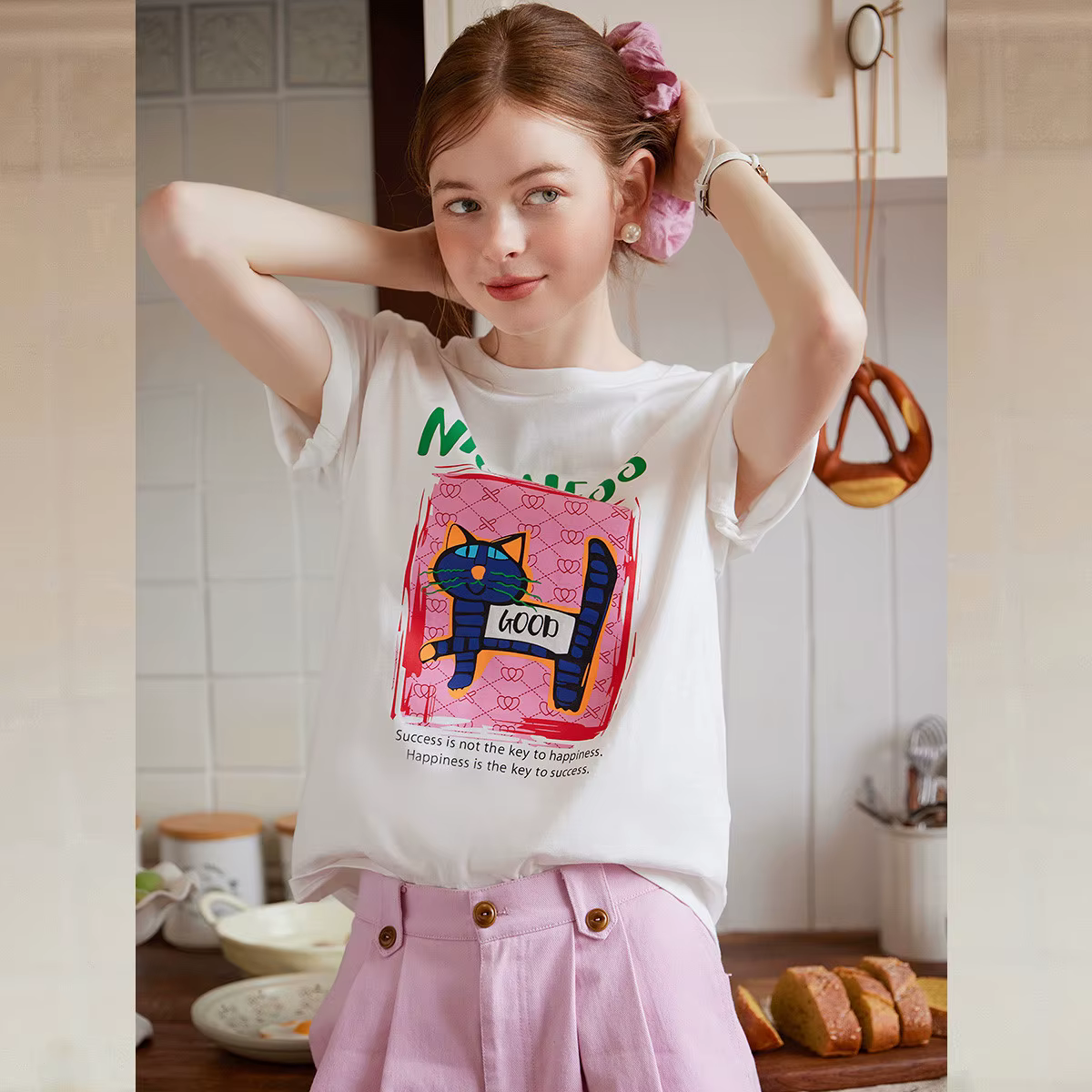 LOUIS YAO T-shirt imprimé 2025 été décontracté coton motif chat manches courtes col rond ample femmes