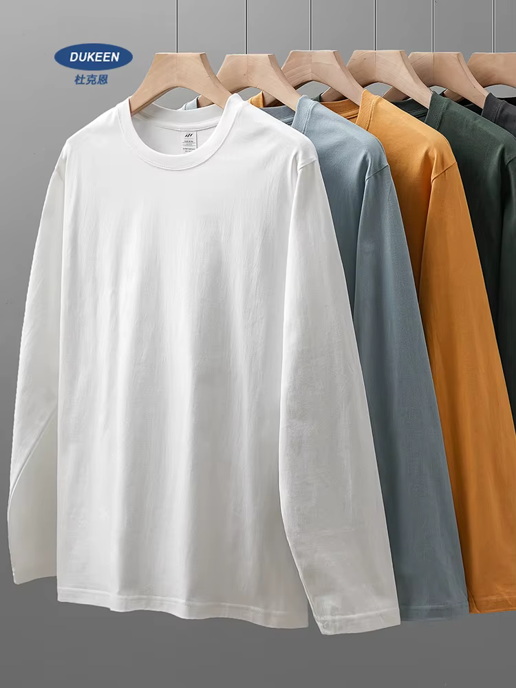 DUKEEN hommes 260G à manches longues t-shirts 2025 printemps pur coton couleur unie basique col rond maillot de corps