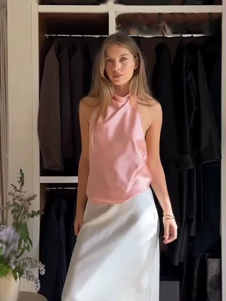 HH femmes été nouvelle mode Chic hauts courts solide sans manches dos nu décorer boutons femme Sexy mince