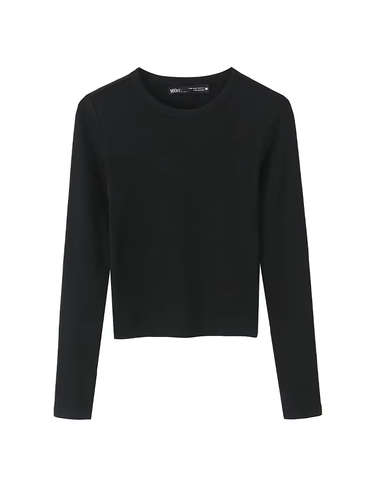 T-shirt Femme Printemps Mode Casual Slim Style Urbain Élégant Col Rond Manches Longues Chic Uni 3 Couleurs Hauts Courts