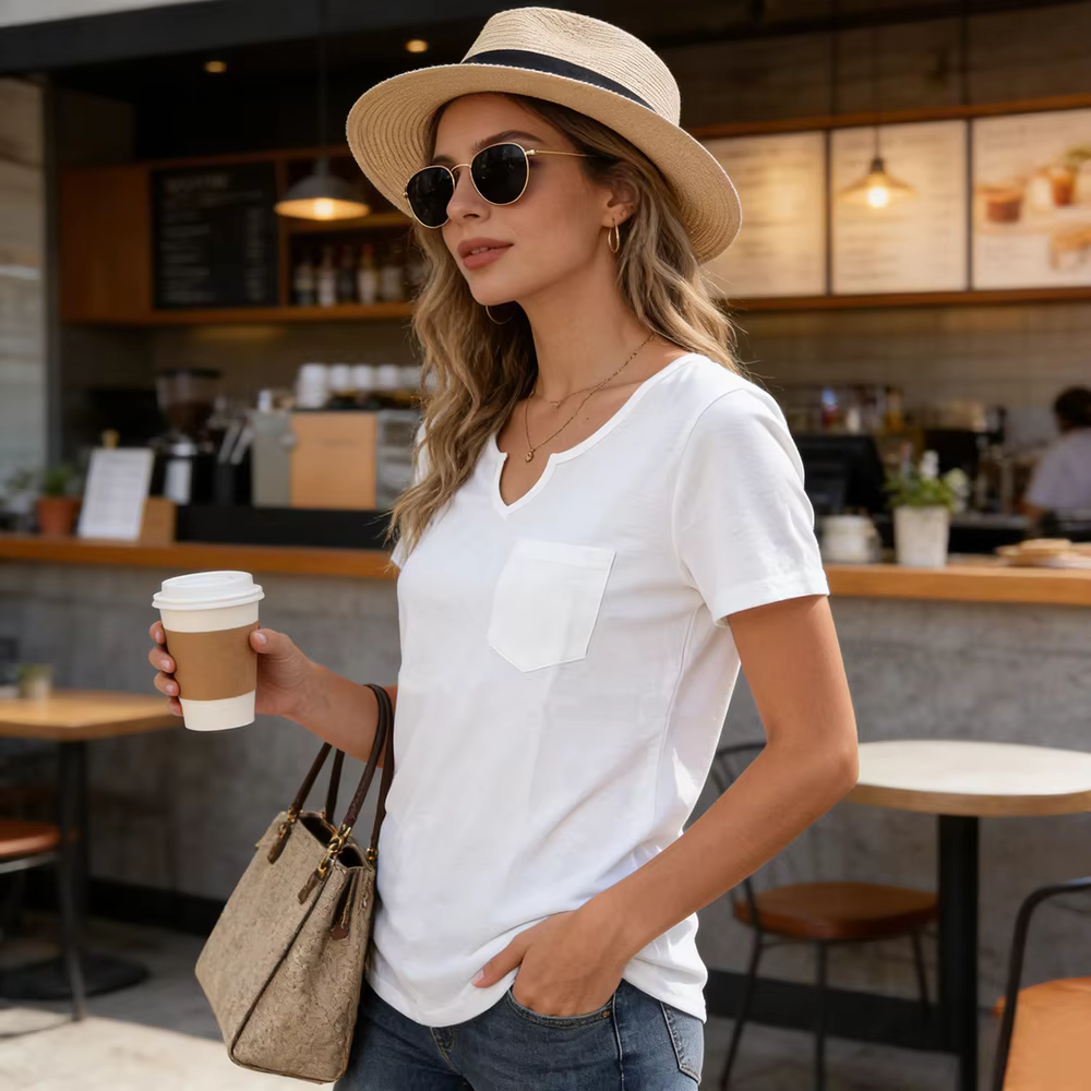T-shirt blanc à col en V pour femme avec poche poitrine – Coupe décontractée