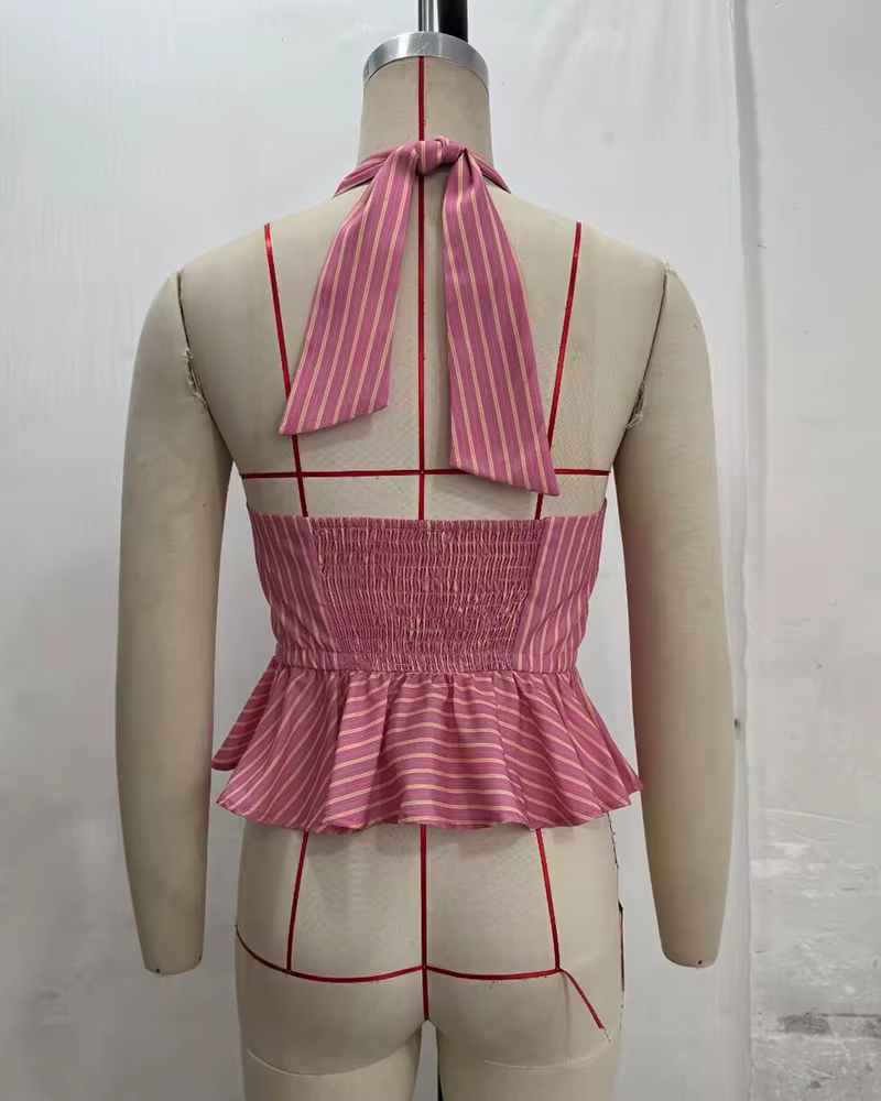 Haut pour femme 2026 Nouvelle Collection Été Col V Rayé Halter Chic et Élégant Style Vacances
