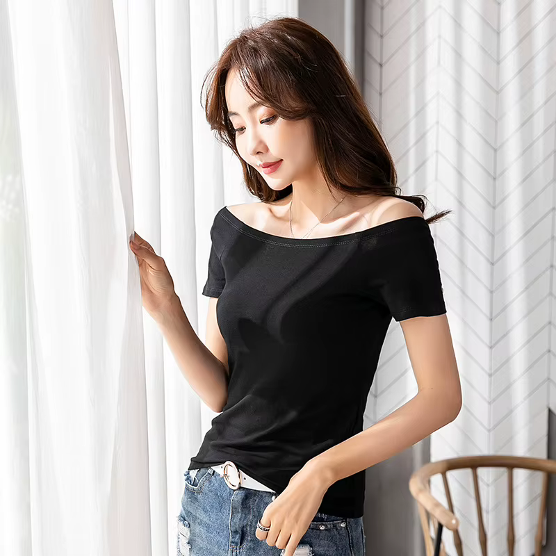 MRMT 2026 Nouveau T-shirt Femme en Coton Coupe Slim Manches Courtes Épaules Dénudées Col Droit