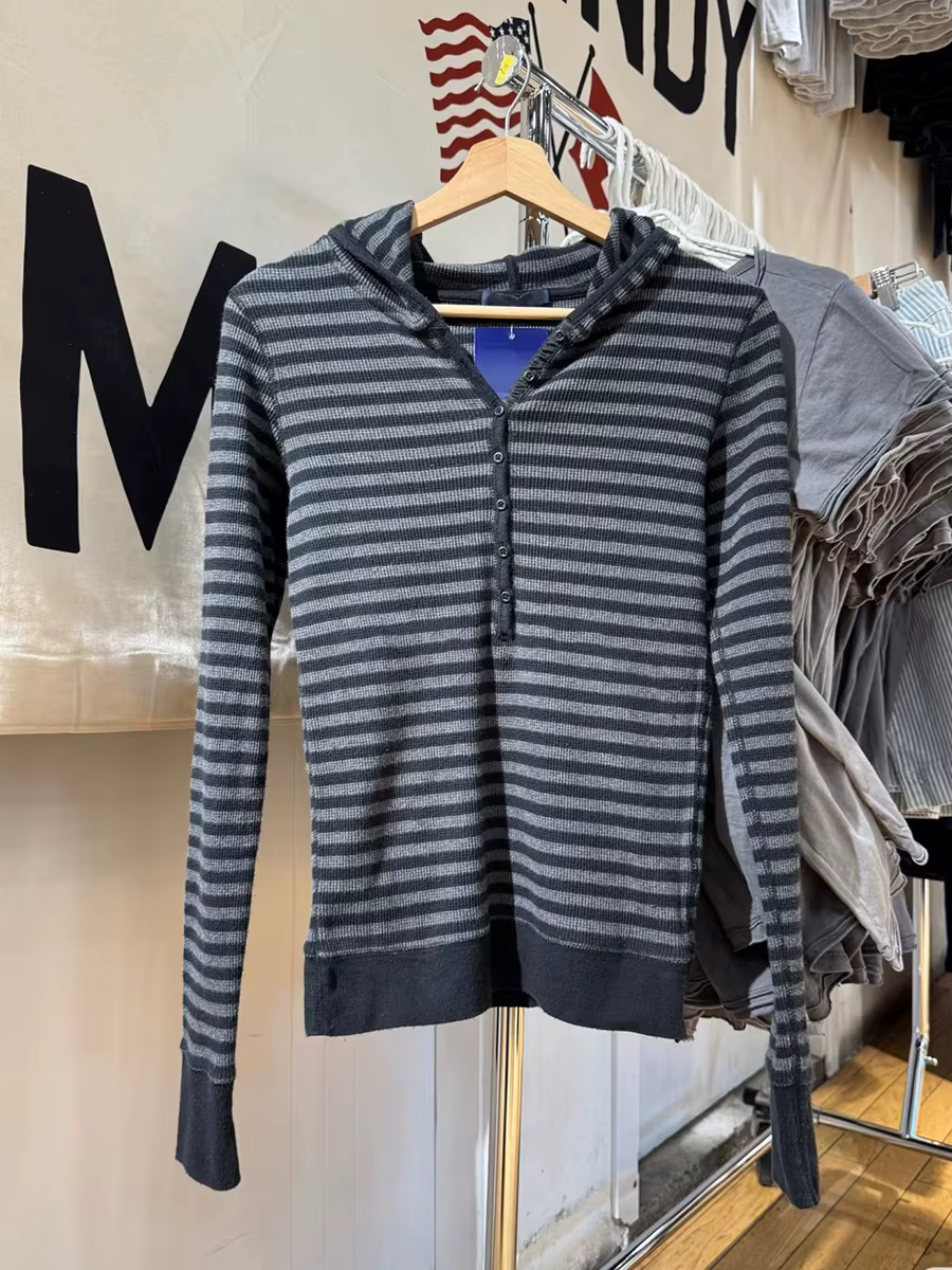 Rayé gaufre à manches longues T-Shirt femme printemps boutons à capuche mince