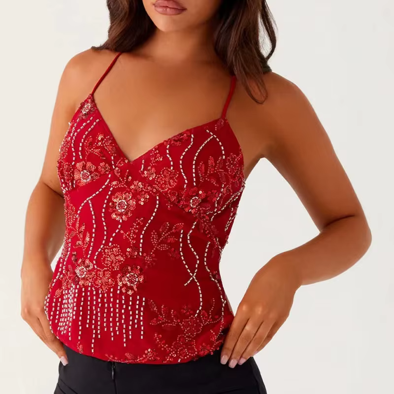 Haut court Sexy à paillettes et strass pour femmes