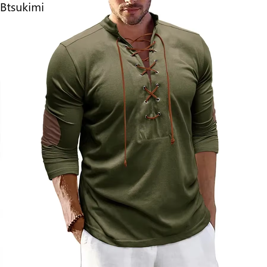 Nouveaux T-shirts Homme à Lacets Coupe Slim Col V Manches Longues Hauts de Sport Décontractés Uni Style Henley Mode Rétro Basiques