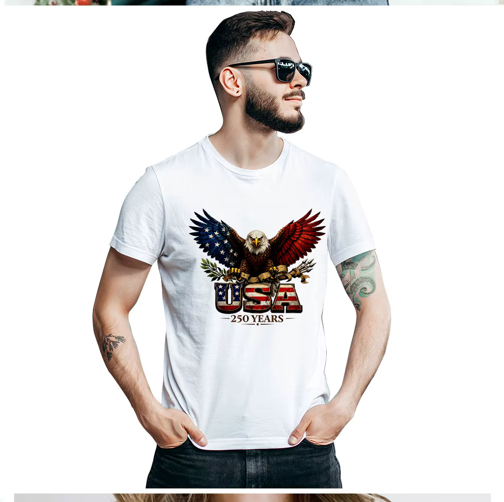 T-shirt patriotique pour homme avec transfert thermocollant USA 250 ans 1776-2026