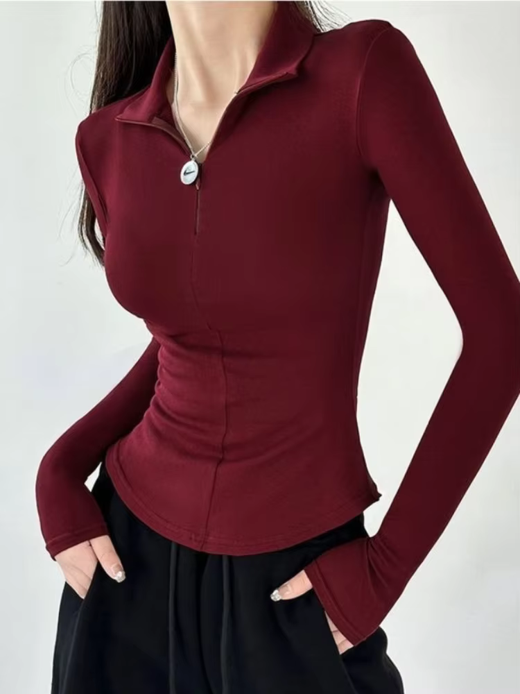 Fermeture éclair col Polo t-shirt pour femmes plaine mince printemps automne coréen vêtements femme