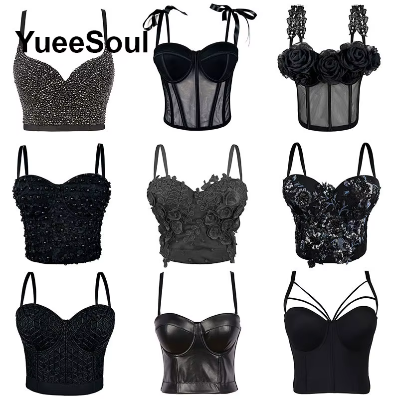 Hauts courts noirs 2025, nouveau Y2K gothique, fête de mariage, Club, rue, décontracté, Sexy, débardeur, perles, paillettes, Corset, vêtements pour femmes