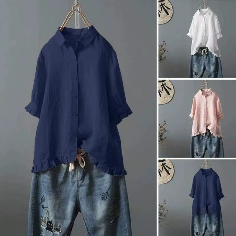 Chemise en coton et lin à manches courtes pour femme