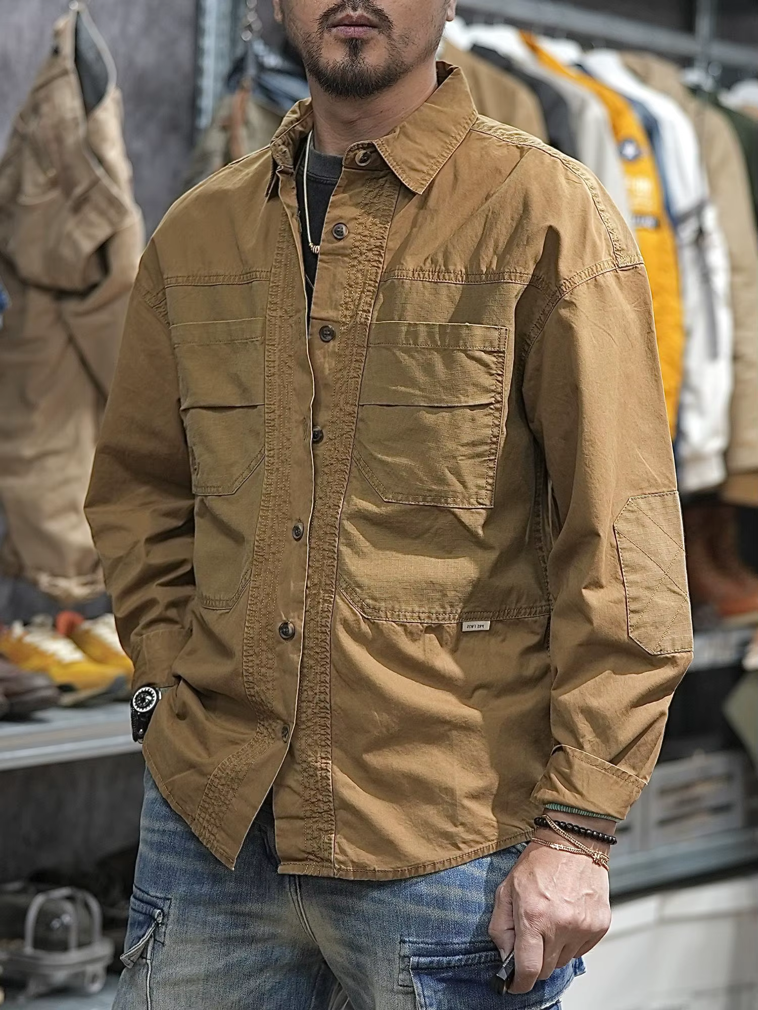 Patchwork utilitaire décontracté vêtements de travail en plein air chemises pour hommes printemps été haute qualité 100% coton épaule tombante Safari Cargo chemise