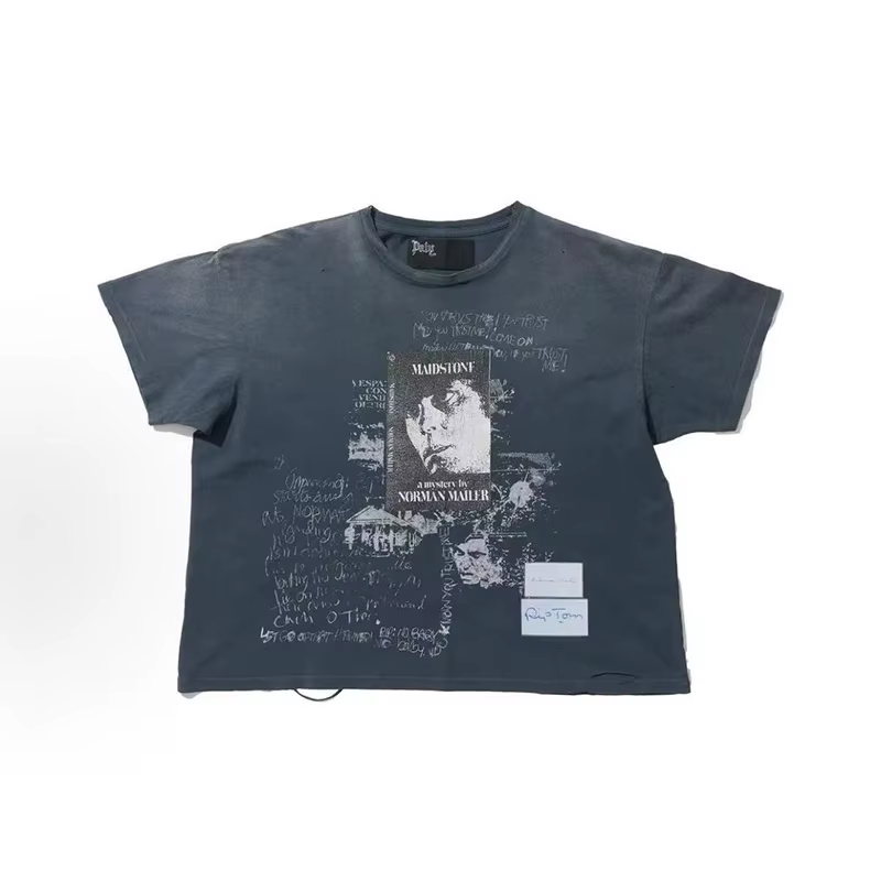 Nouveau Bonne qualité lavé bleu Paly t-shirts hommes femme Vintage haute rue mode col rond trou vieux endommagé haut t-shirt à manches courtes