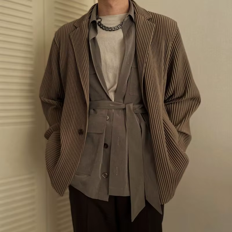 Veste plissée Miyake pour homme, nouvelle collection printemps 2026, manteau à manches longues, col rabattu, coupe ample décontractée, style japonais, haut oversize