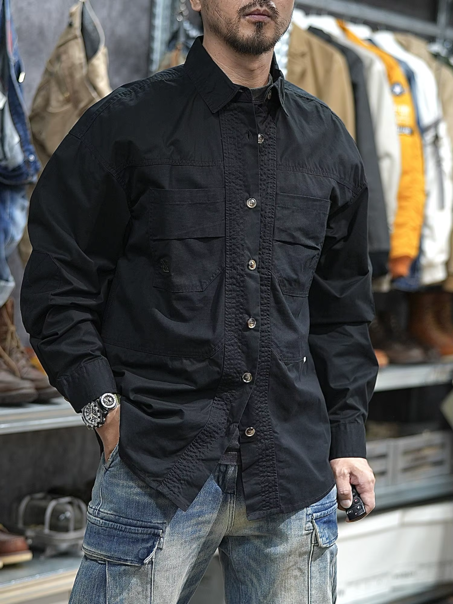 Patchwork utilitaire décontracté vêtements de travail en plein air chemises pour hommes printemps été haute qualité 100% coton épaule tombante Safari Cargo chemise