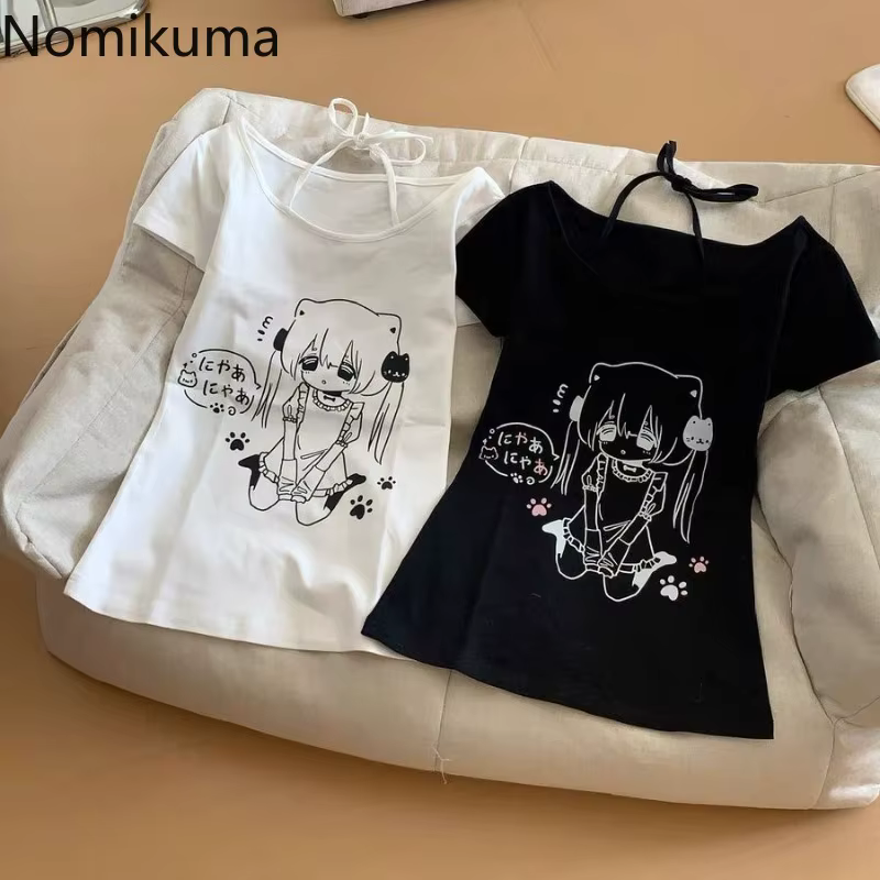 Femmes blanches t-shirts Y2k hauts 2025 Ropa Mujer manches courtes col rond