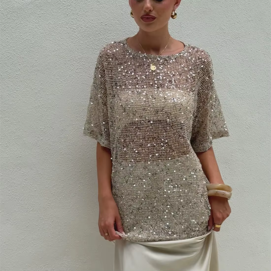 Hirigin T-shirt d'été à paillettes pour femme