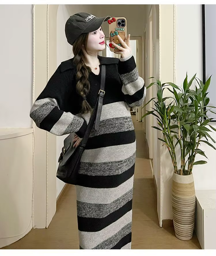 Robe en tricot rayé pour femmes, manches longues, col Polo, coupe ample, longueur mi-mollet, Style décontracté, vêtements d'automne et d'hiver
