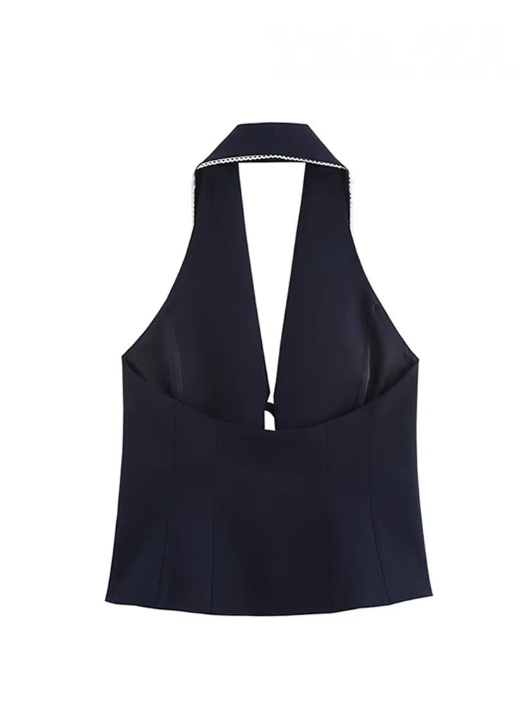 HH femmes mode gilets haut bleu marine col rabattu sans manches dos nu nœud à lacets femme été Style de rue débardeurs