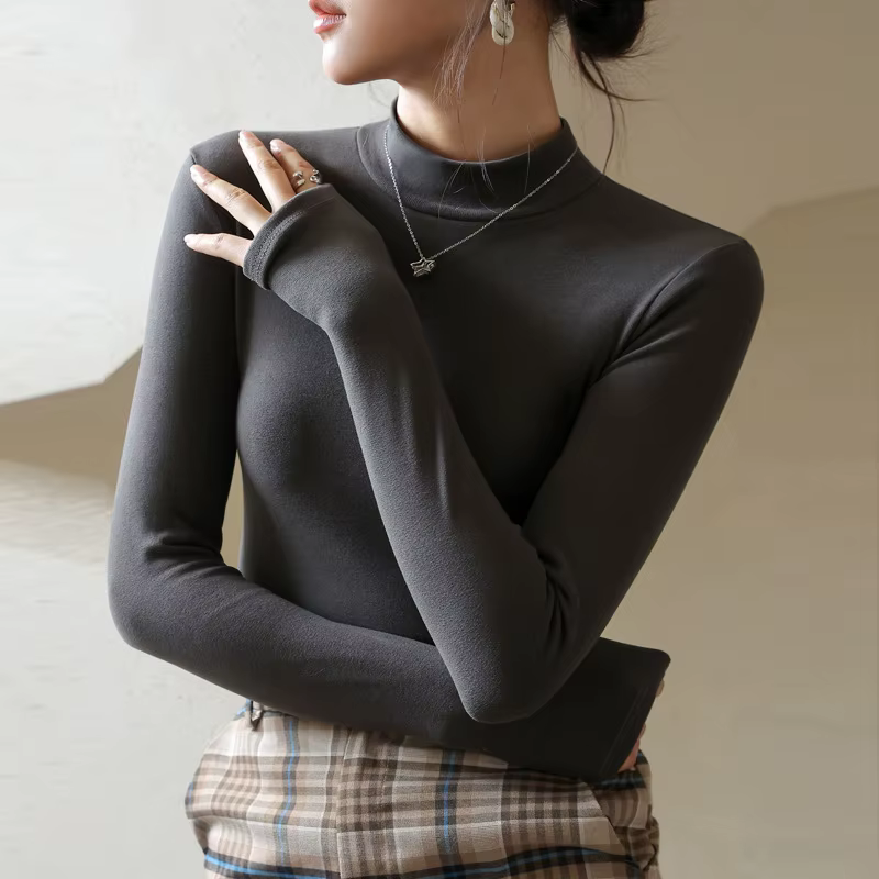 T-shirt élégant à col montant et manches longues pour femme – Haut basique chaud automne-hiver