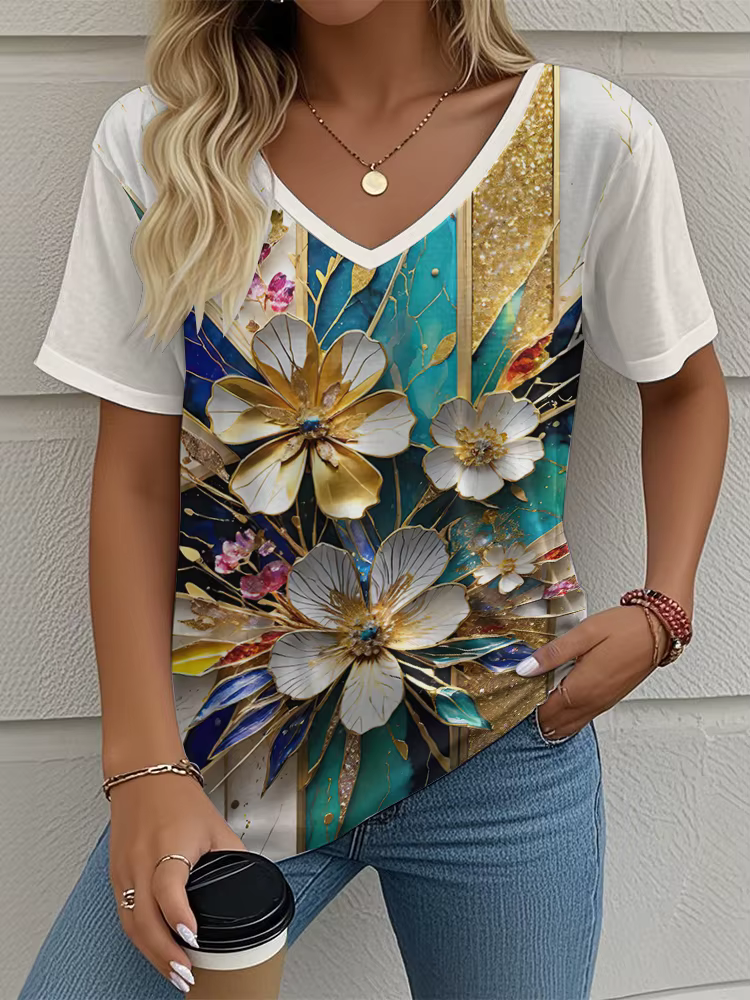 T-Shirt femme motif Floral imprimé décontracté col rond manches courtes hauts rue mode surdimensionné t-shirts vêtements pour femmes