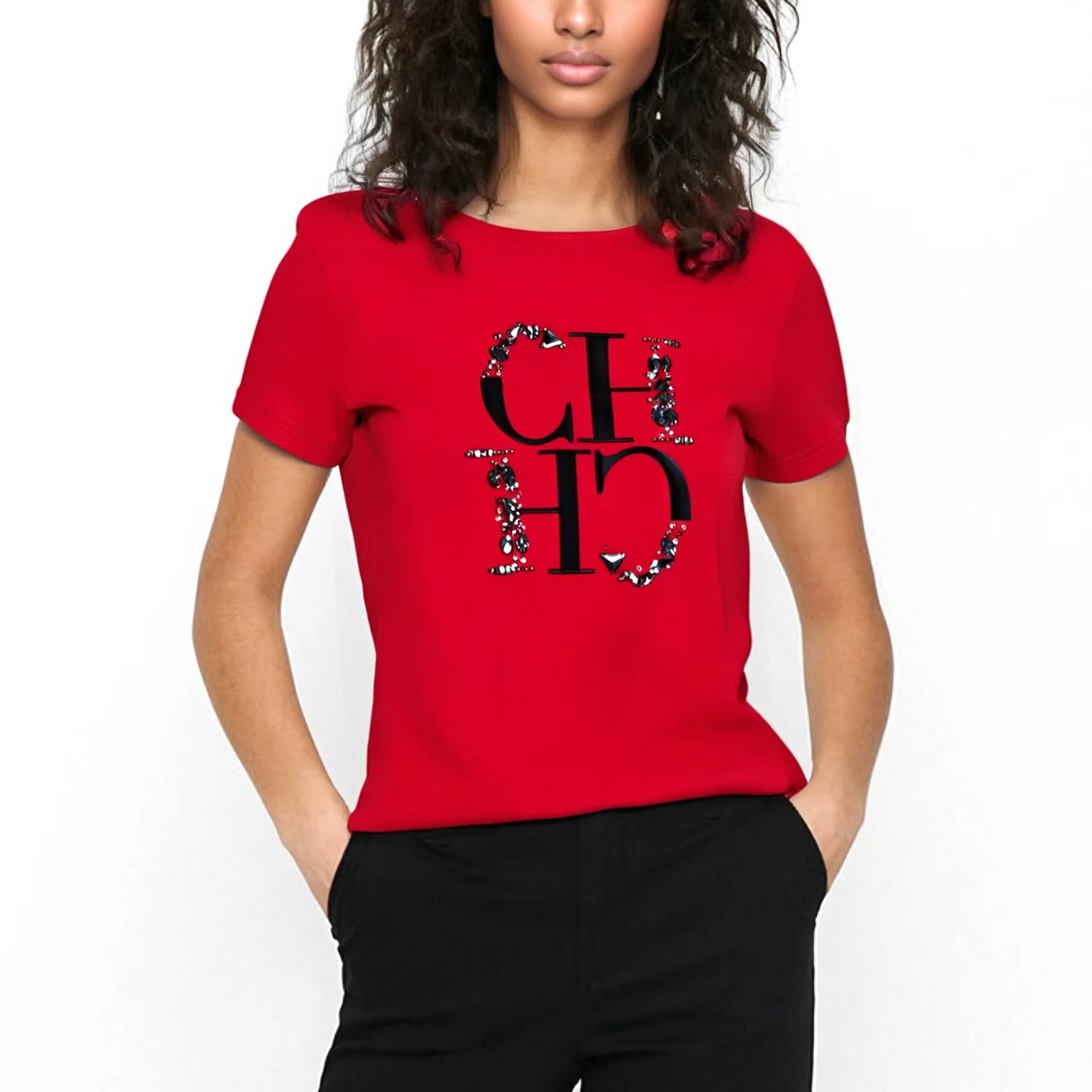 T-shirt pour femme CHCH, mode, broderie à la main, haut décontracté à col rond