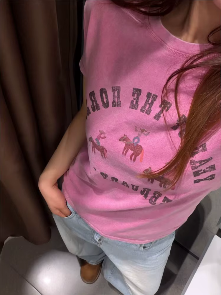 T-shirts pour femmes en coton rose à imprimé lettres