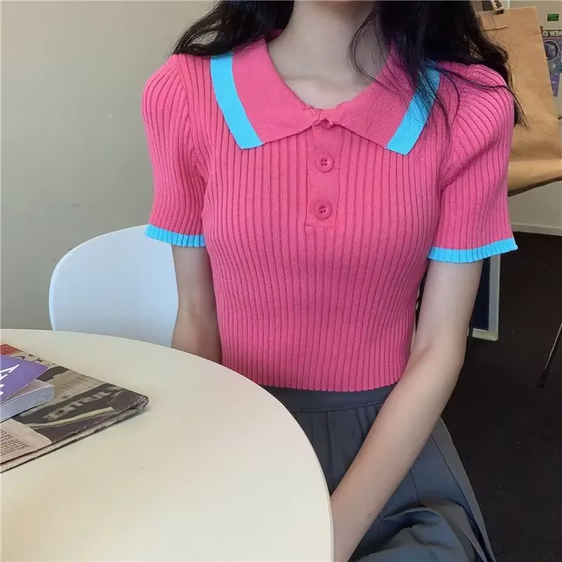 Polo femme Sexy haut court bouton femme t-shirt tricoté mince avec T-shirts col vêtements coréens pulls tendance 2025 été