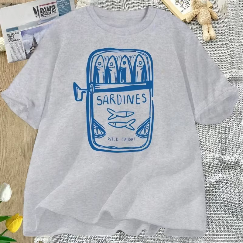 Sardine pêcheur plage imprimé à manches courtes t-shirt décontracté col rond