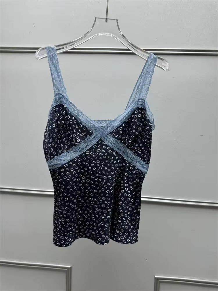 Français 2025 nouvelles femmes Viscose débardeur bleu dentelle couture col en v Sexy dames sangle mince gilet haut