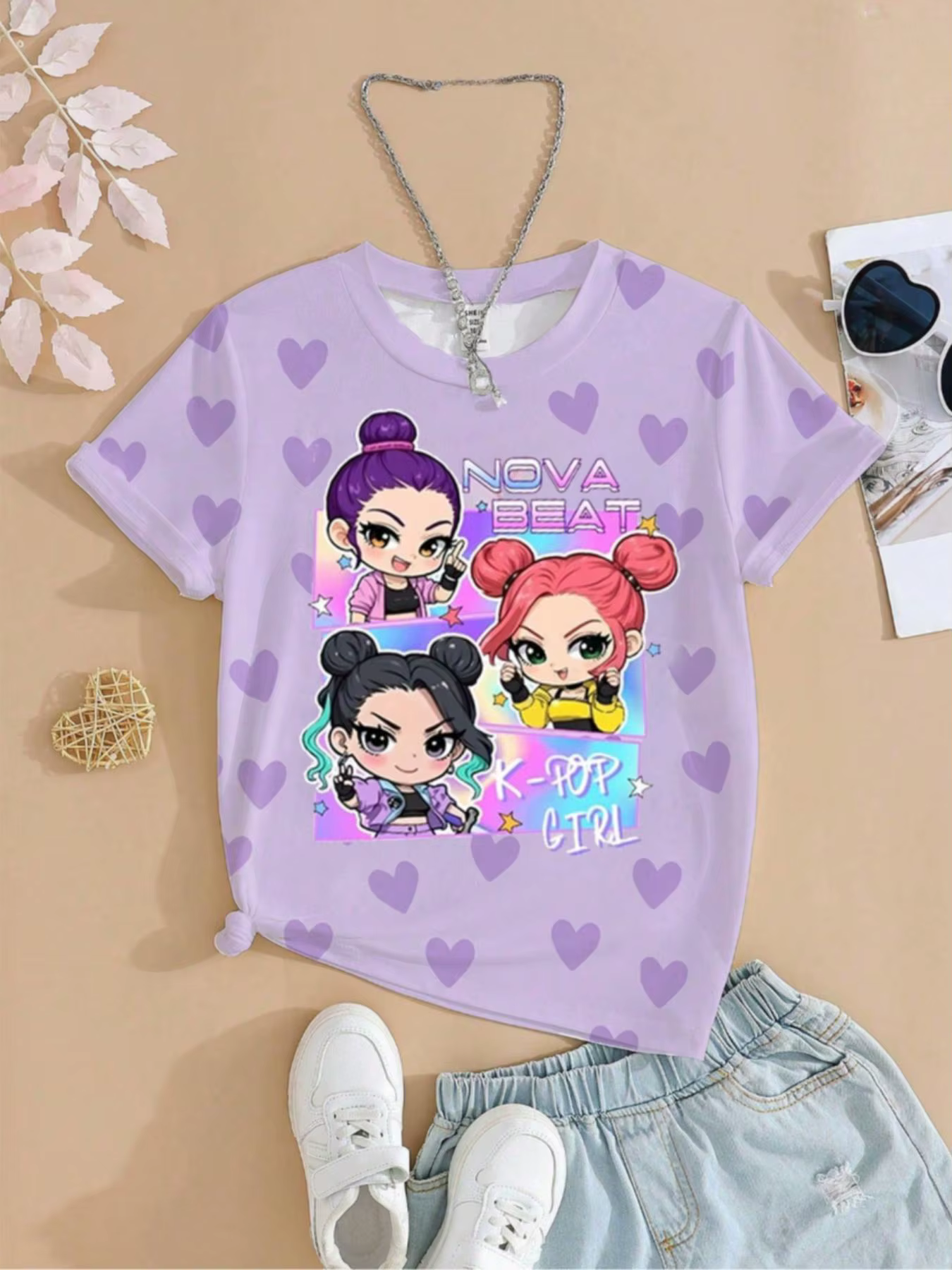T-shirt graphique K-Pop pour filles - Motif cœur violet imprimé Nova Beat Chibi, tee-shirt décontracté pour enfants
