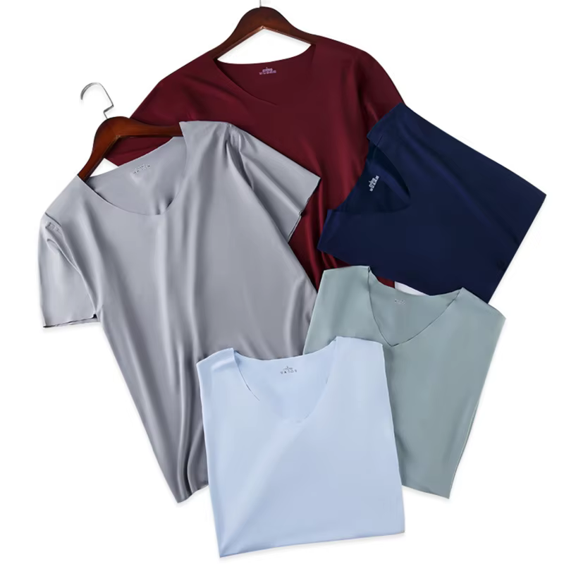 Chemise Slim pour hommes chemises de base en soie glacée couleur unie respirant sans couture T-shirt