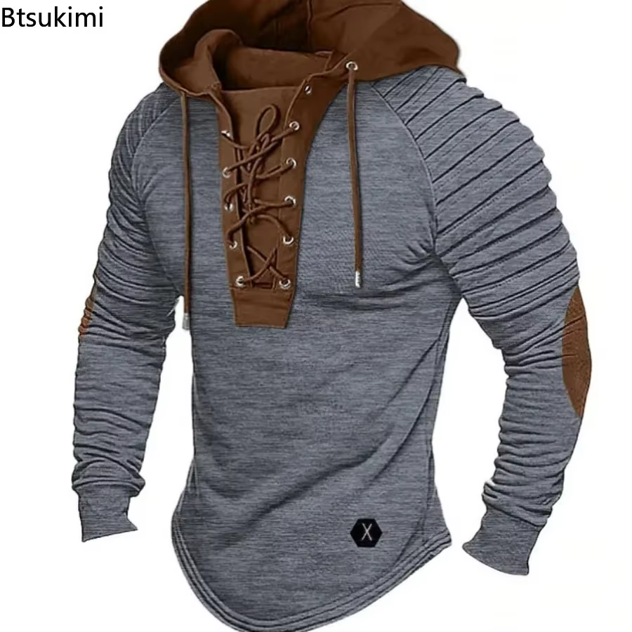 Sweat à capuche vintage pour homme 2026 avec cordon de serrage et épaules plissées – Haut quotidien doux