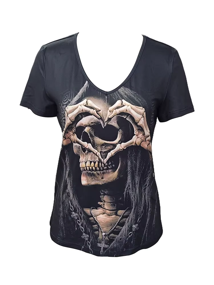 Chic crâne noir T-shirt femmes col en V à manches courtes été décontracté imprimé