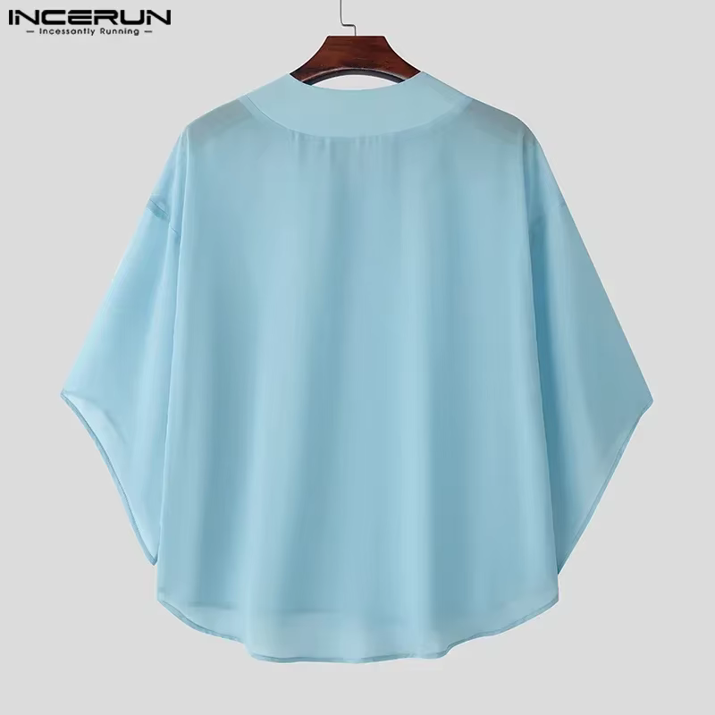 INCERUN hommes t-shirt couleur unie col en V demi manches surdimensionné mâle