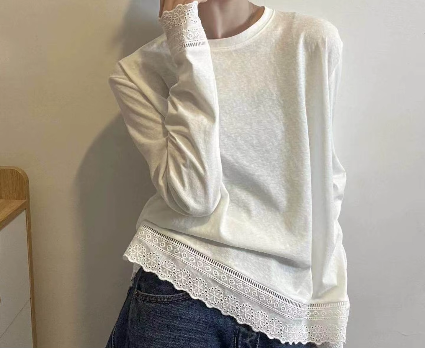 T-shirt à manches longues en dentelle patchwork pour femme