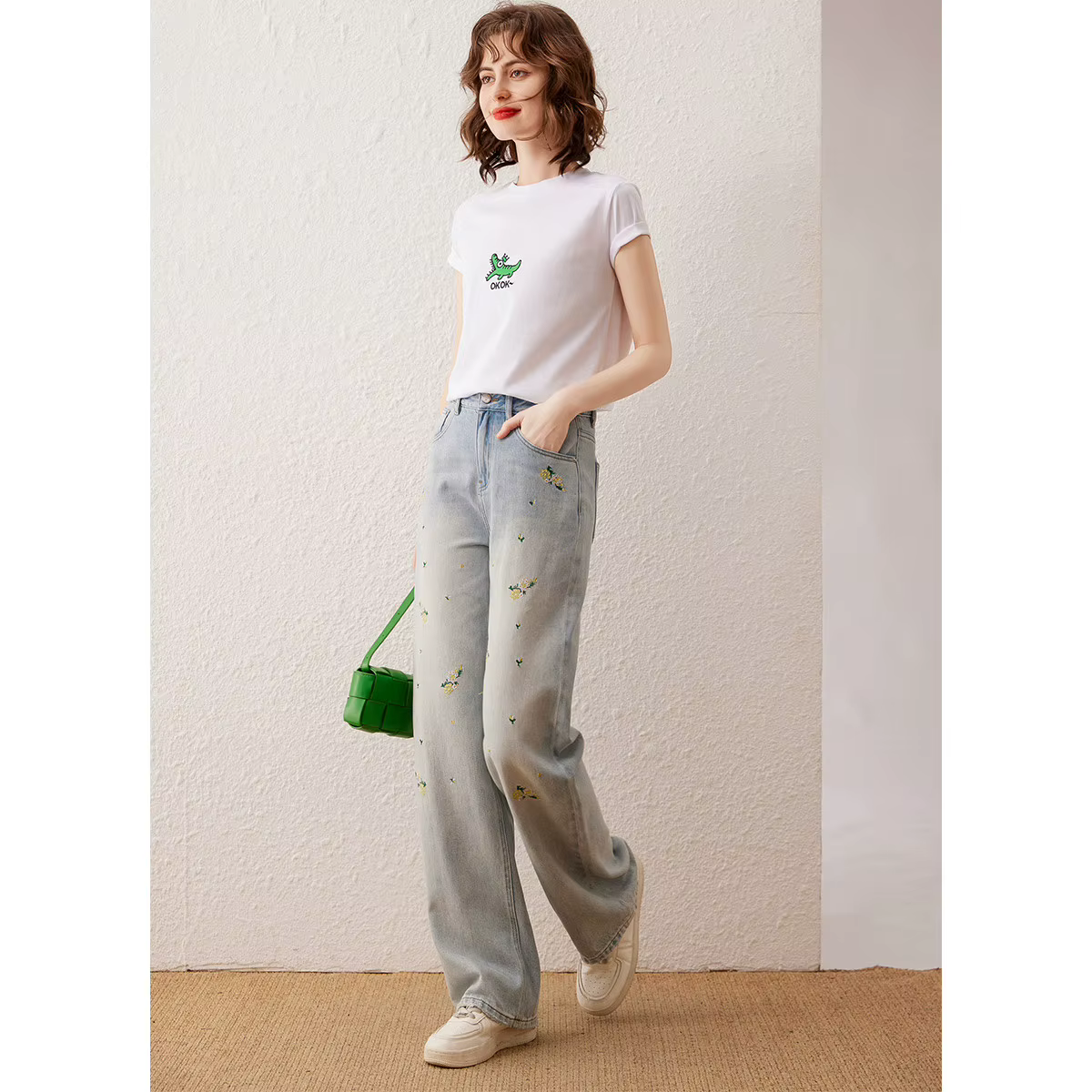 Modiis Yao-T-shirt brodé crocodile pour femme, col rond basique, pull à manches courtes, haut décontracté, t-shirt à la mode, été 2024