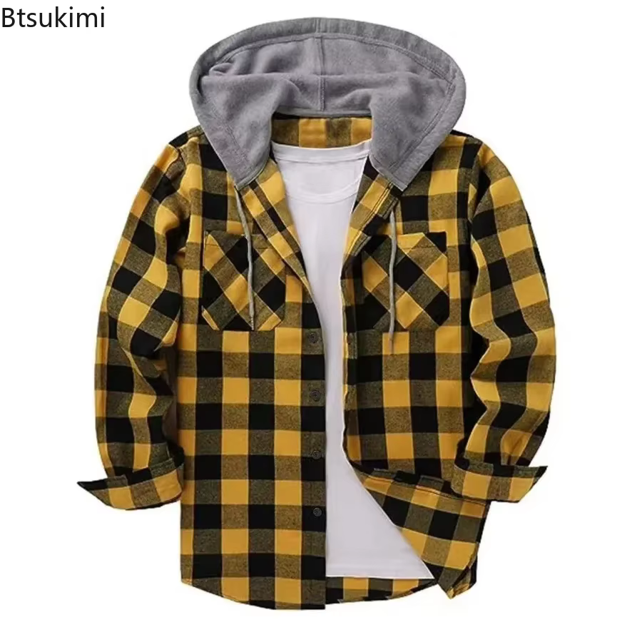 Chemises en flanelle pour hommes 2026 – Vestes classiques à carreaux amples et décontractées avec capuche