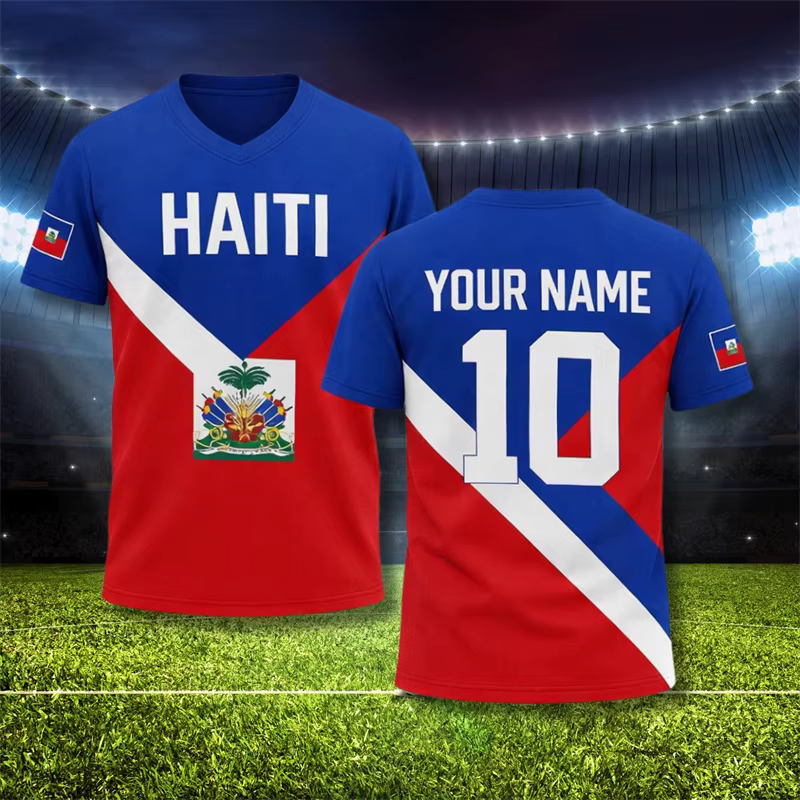 T-shirt de football Haïti 2026 pour hommes – Vêtement sportif à séchage rapide avec logo drapeau haïtien